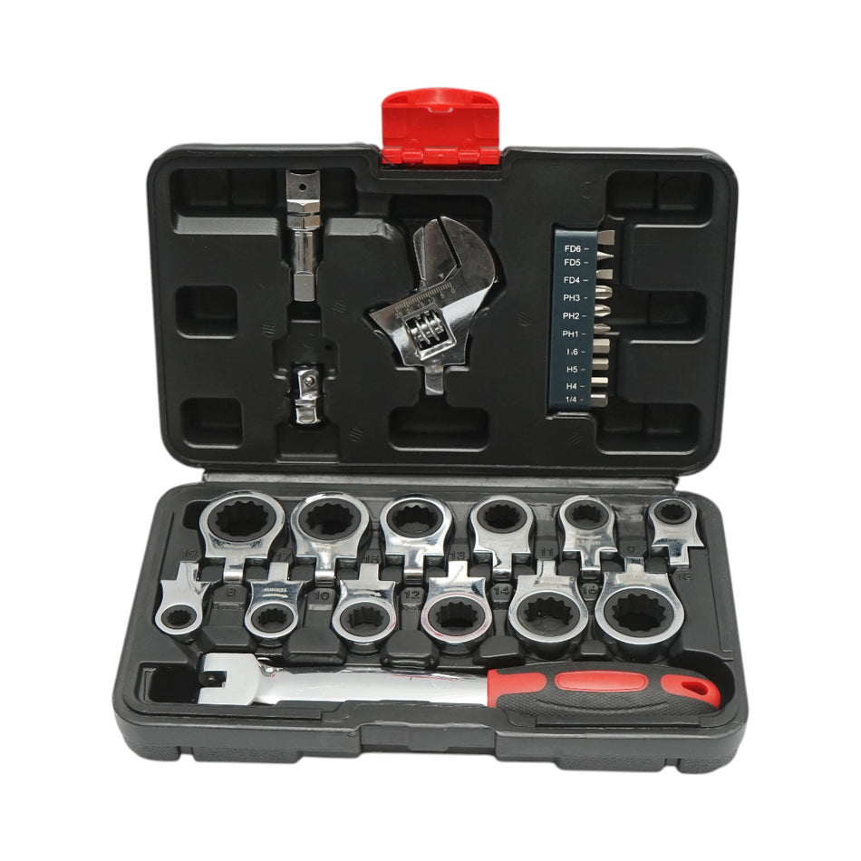 Ratchet ring wrench set 8-19mm, adjustable wrench, hex bits, straight, Phillips, 26 pieces