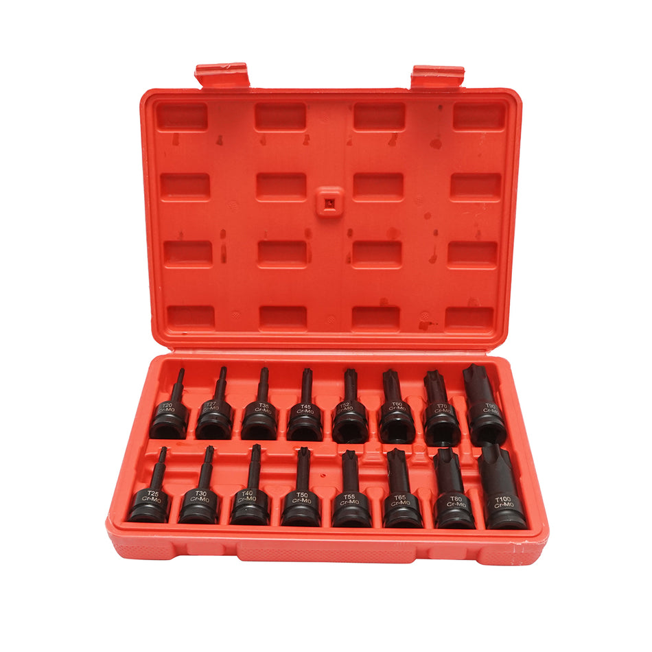 Impact tubular key set Torx T20-T100, 1/2 inch square, 16 pieces