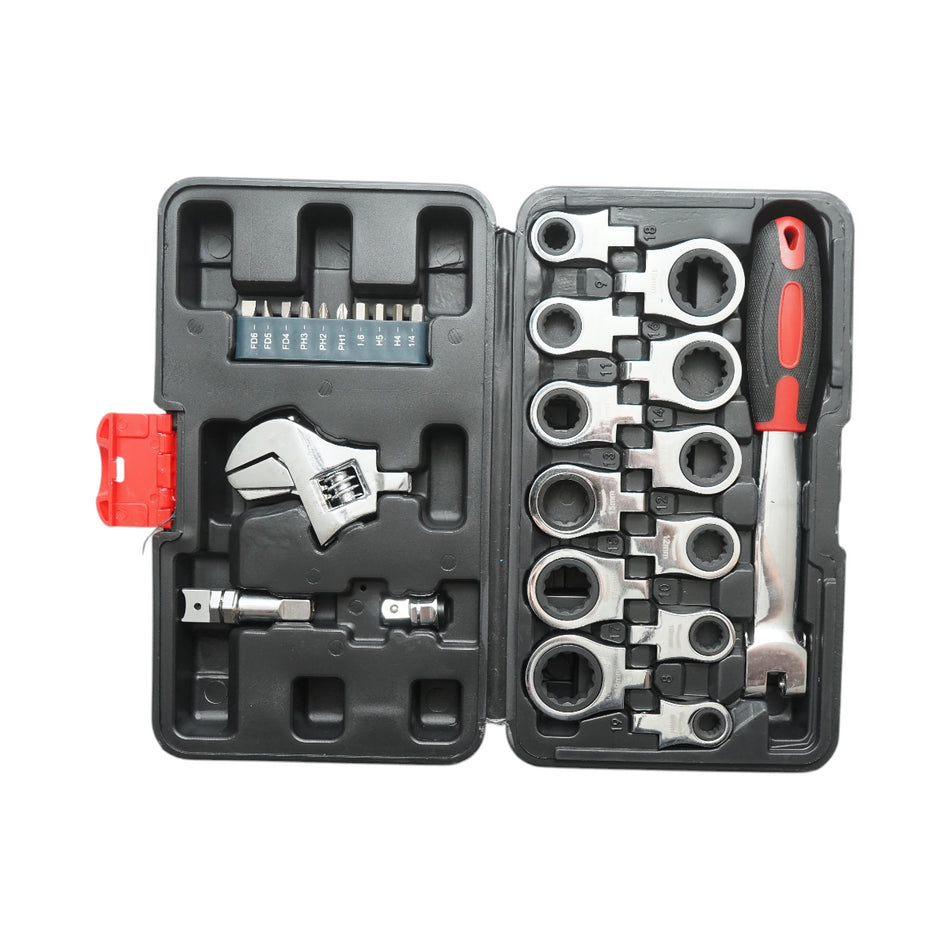 Ratchet ring wrench set 8-19mm, adjustable wrench, hex bits, straight, Phillips, 26 pieces