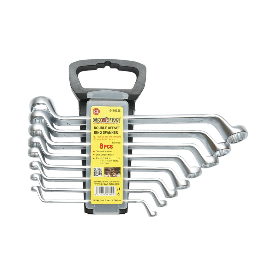 Set of 8 offset ring wrenches in a holder with clamp 6-22mm Cr-V Crownman