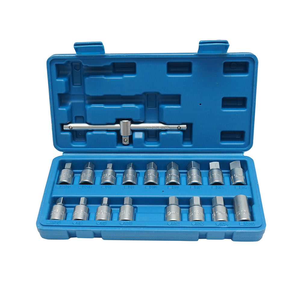 Oil drain plug key set with square profile, hex 18 pieces Breckner Germany