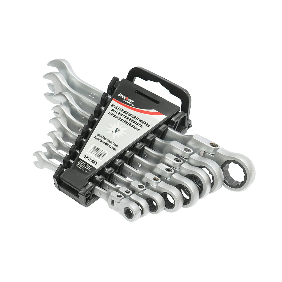 Set of 8 ratcheting combination wrenches articulated CrV 8-22mm Breckner Germany