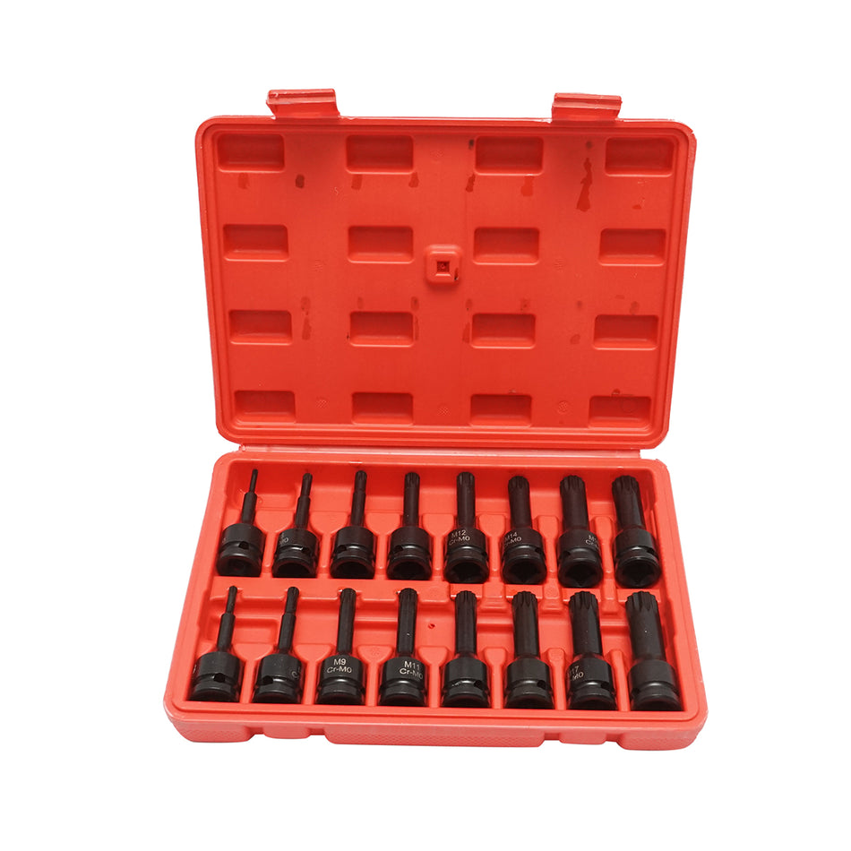 Long spline impact socket set M4-M19, 1/2 inch square drive, 16 pieces