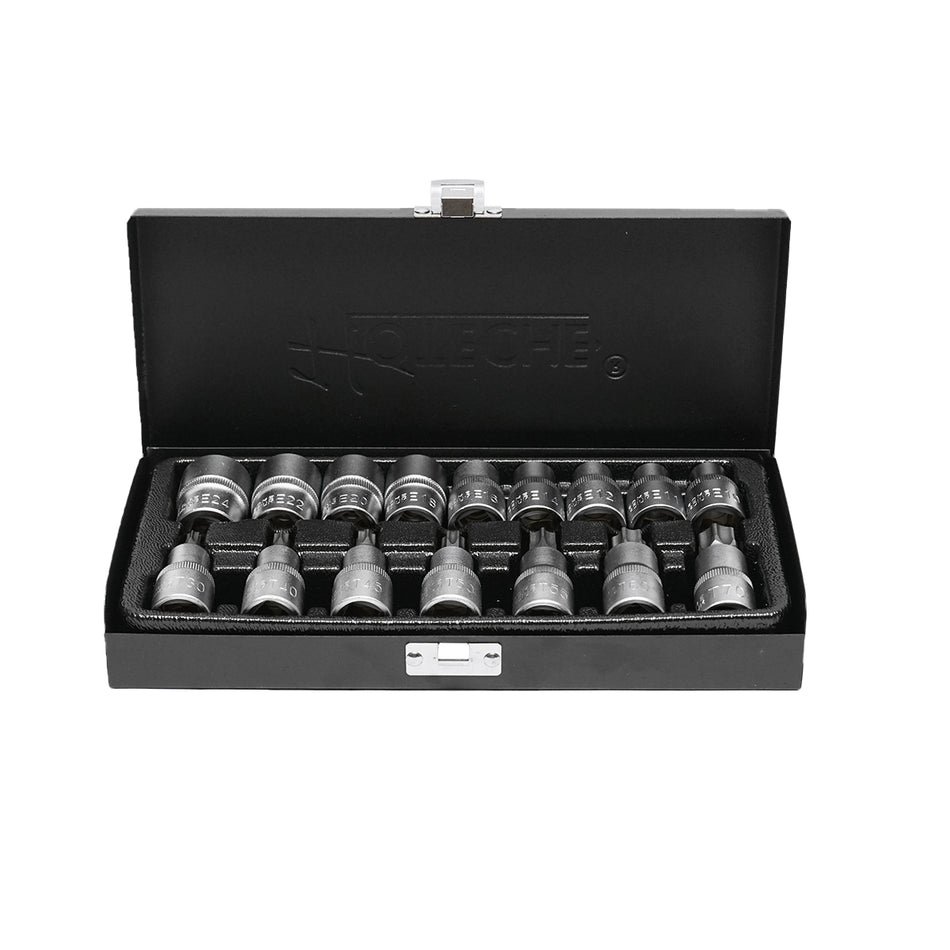 Tubular key set E10-E24/T30-T70 16 pcs with internal and external Torx profile for 1/2 ratchet Hoteche