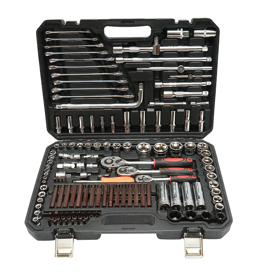 Socket wrench set, hexagonal, deep socket, open-end wrenches, bits, Torx, hex, spline, 128 pieces Breckner Germany