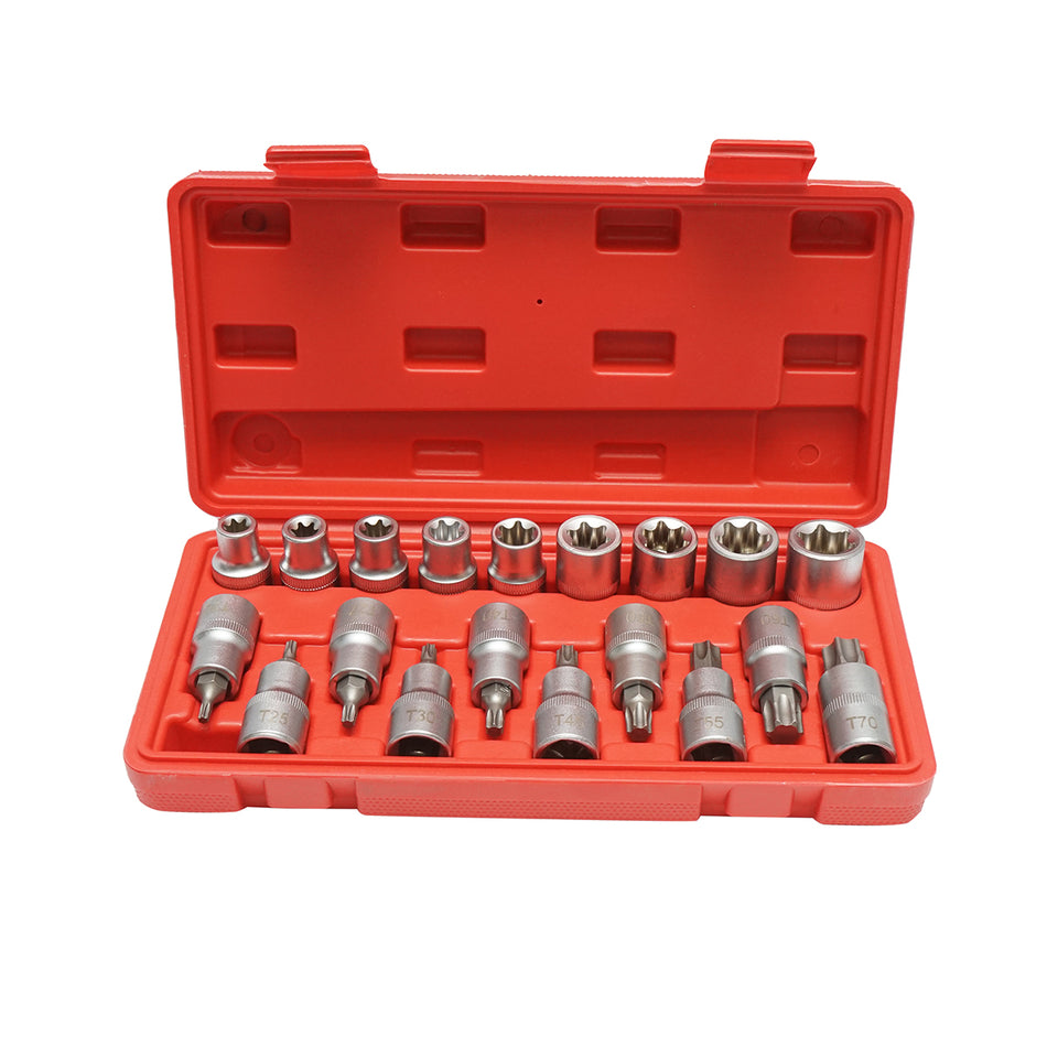 E-Torx tubular key set E10-E24, Torx bits T20-T70, 1/2 inch square, 19 pieces