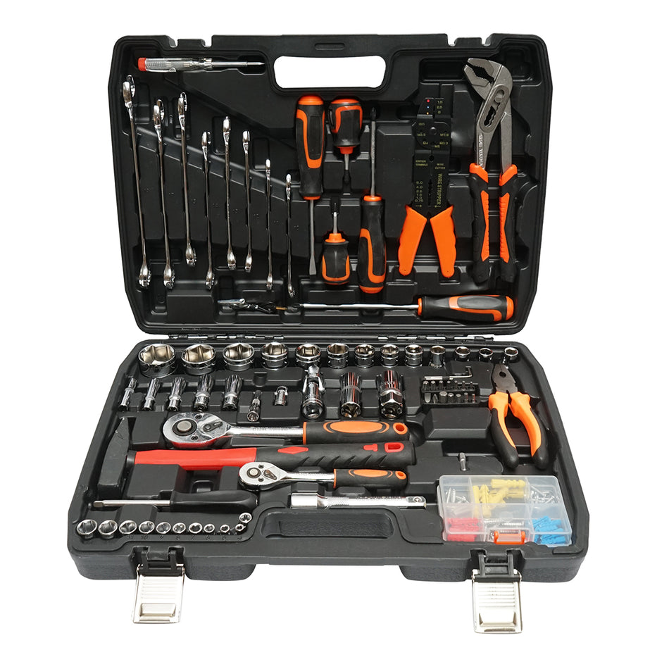 Socket wrench set, fixed wrenches, bits, Allen keys, screwdrivers, crimping pliers, and tools 114 pieces Breckner Germany