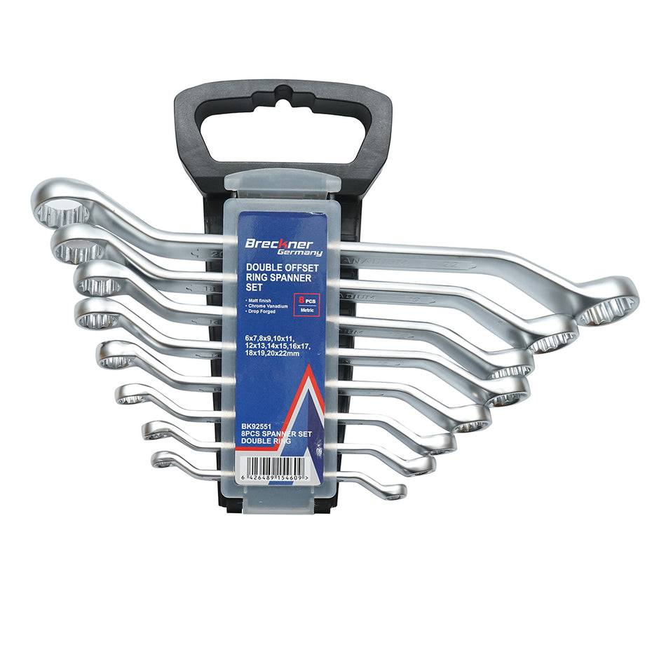 Set of 8 offset ring spanners in a clamp holder 6-22mm Breckner Germany