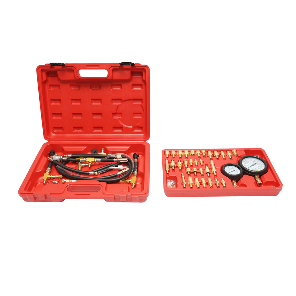 Gasoline injection system pressure tester kit with 2 pressure gauges, universal adapters Breckner Germany