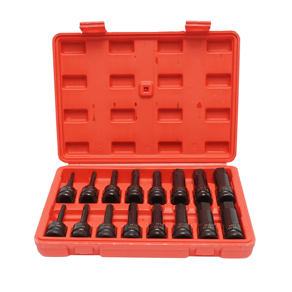 Long hexagonal impact socket set H5-H21, 1/2 inch square drive Cr-Mo, 16 pieces