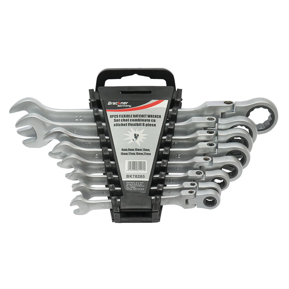 Set of 8 ratcheting combination wrenches articulated CrV 8-22mm Breckner Germany