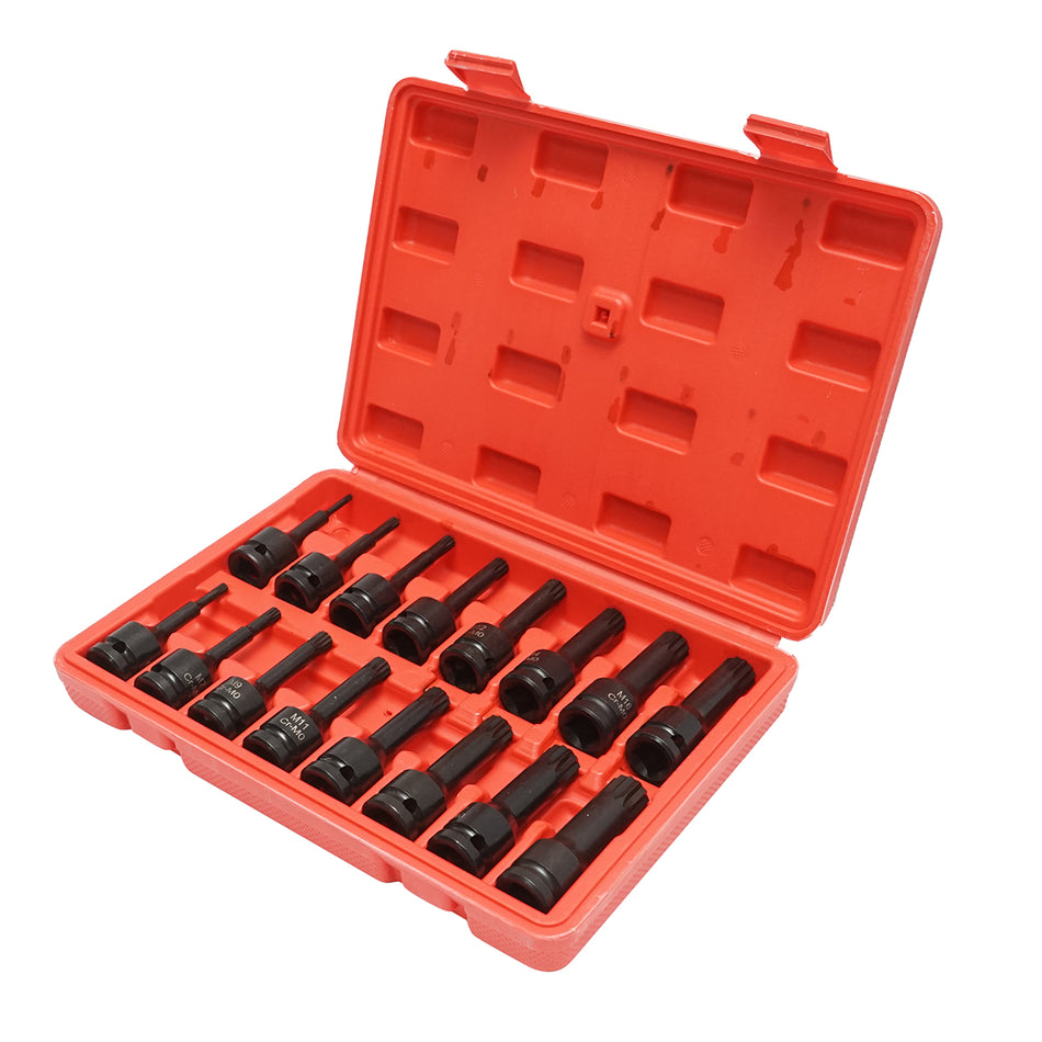 Long spline impact socket set M4-M19, 1/2 inch square drive, 16 pieces