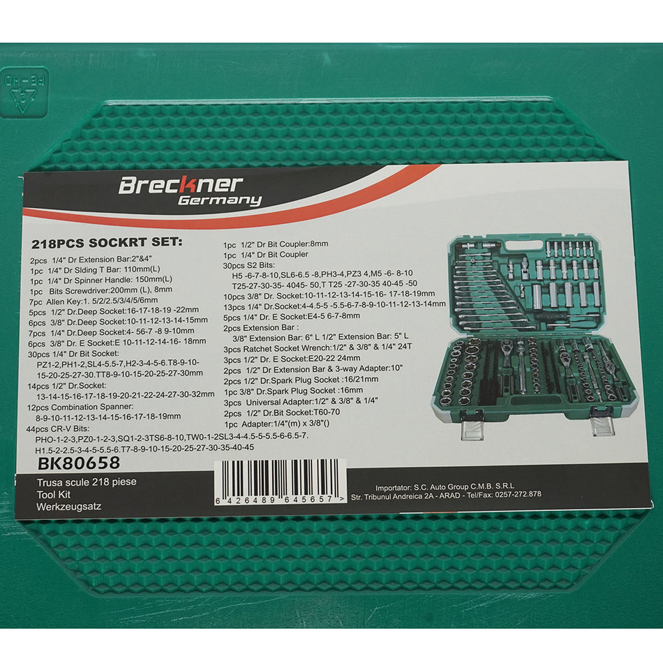 Socket wrench set, hexagonal, deep socket 4-32mm, open-end wrenches 8-19mm, bits, Torx, hex, spline 218 pieces Breckner Germany