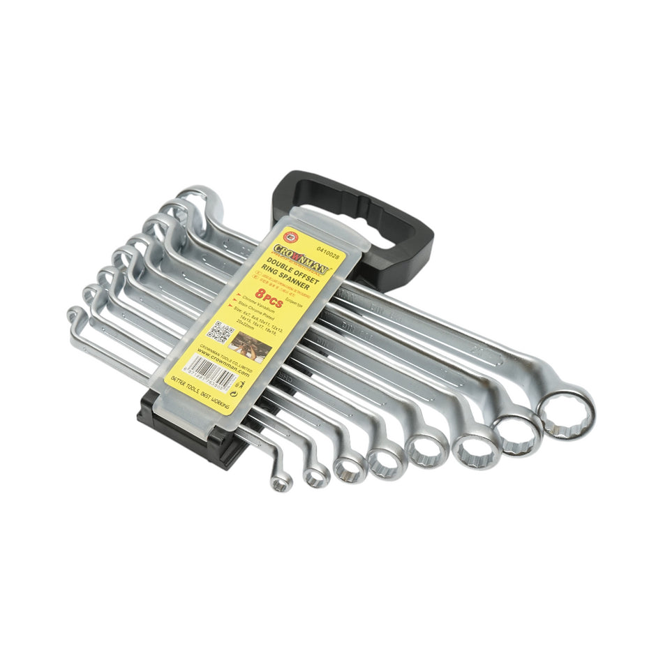 Set of 8 offset ring wrenches in a holder with clamp 6-22mm Cr-V Crownman