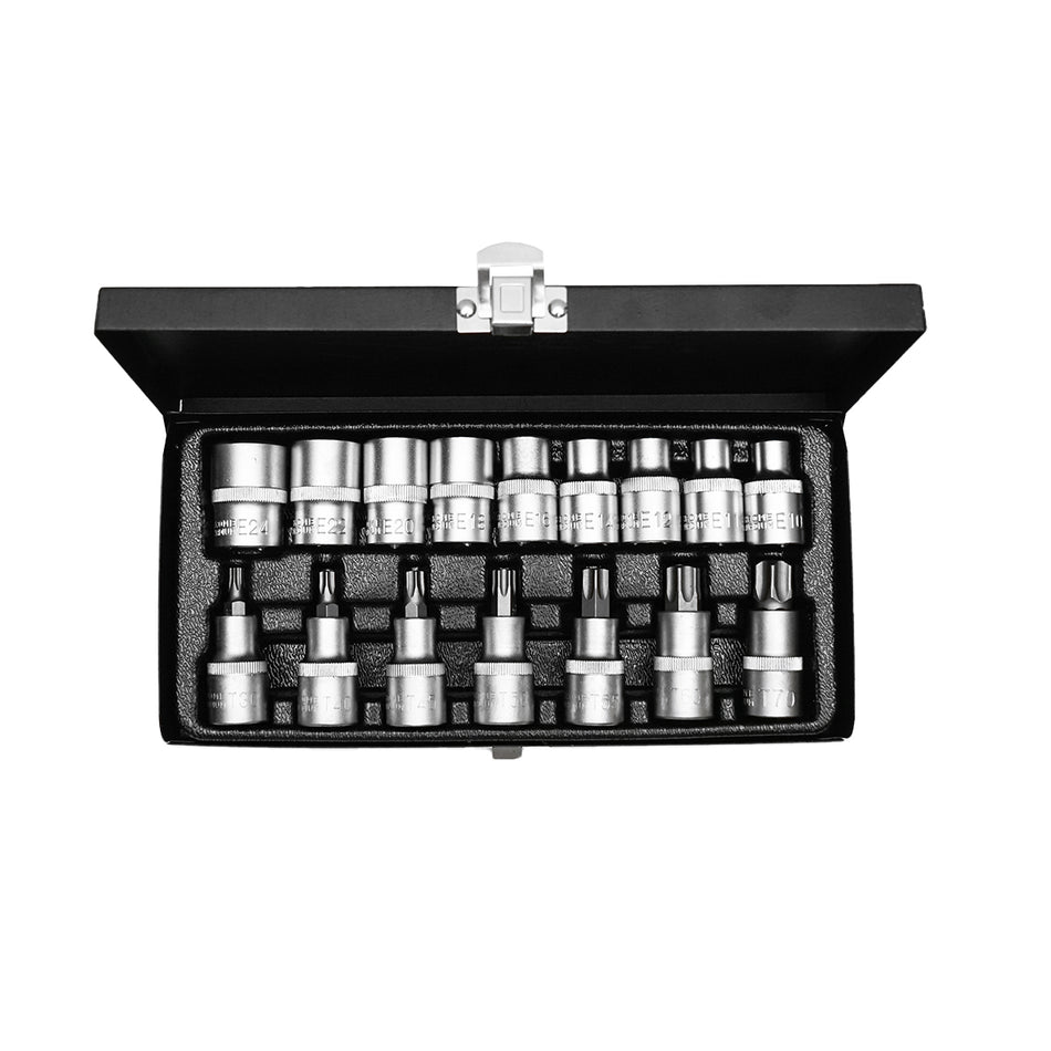 Tubular key set E10-E24/T30-T70 16 pcs with internal and external Torx profile for 1/2 ratchet Hoteche