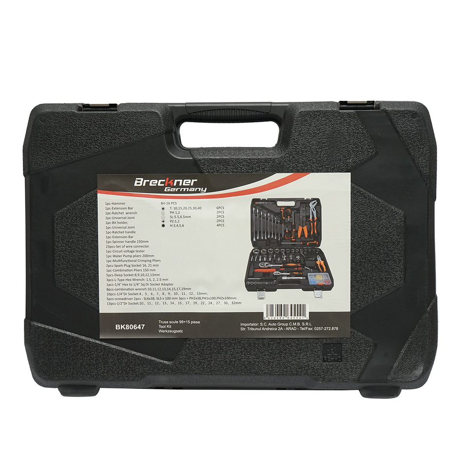 Socket wrench set, fixed wrenches, bits, Allen keys, screwdrivers, crimping pliers, and tools 114 pieces Breckner Germany
