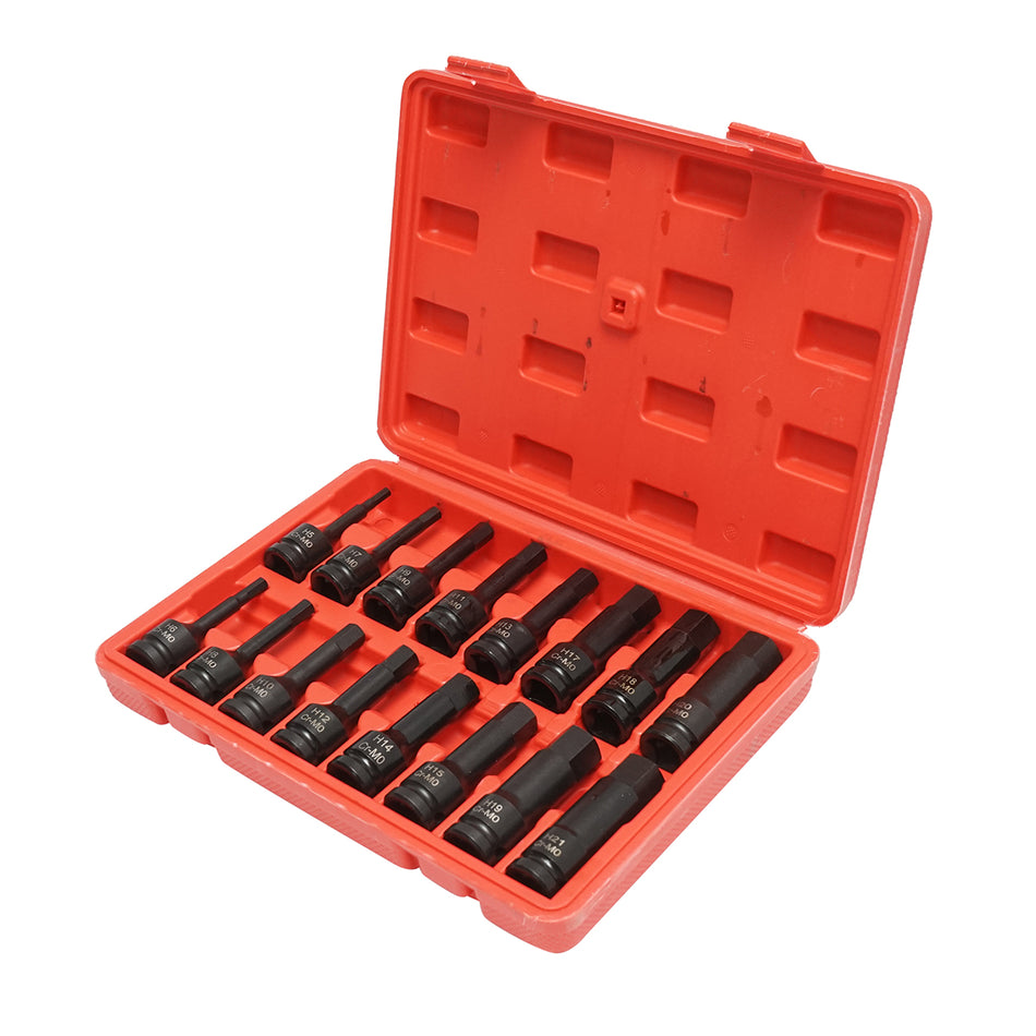 Long hexagonal impact socket set H5-H21, 1/2 inch square drive Cr-Mo, 16 pieces