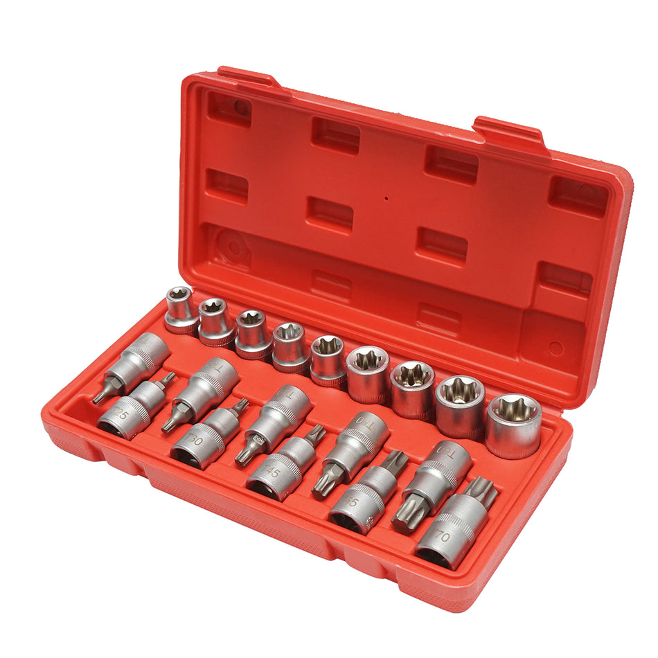 E-Torx tubular key set E10-E24, Torx bits T20-T70, 1/2 inch square, 19 pieces