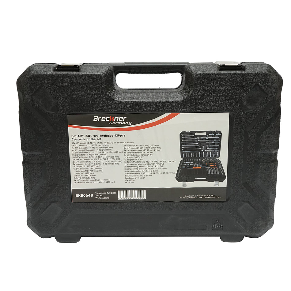 Socket wrench set, hexagonal, deep socket, open-end wrenches, bits, Torx, hex, spline, 128 pieces Breckner Germany