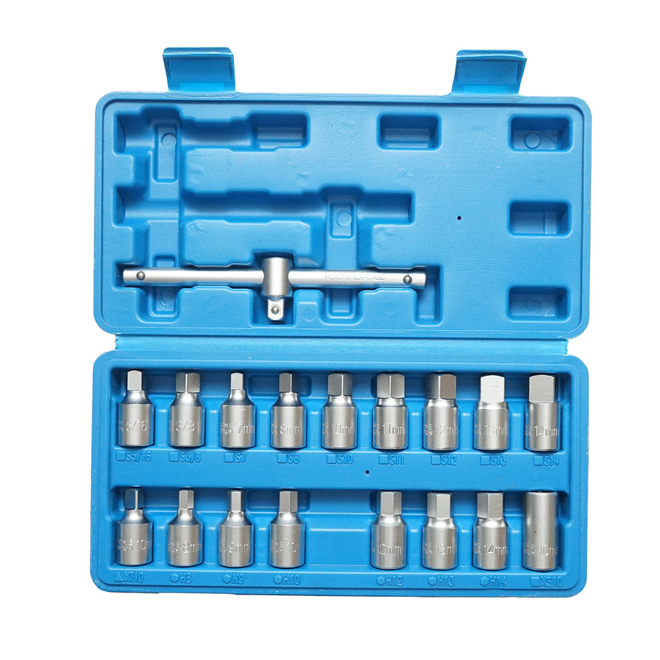Oil drain plug key set with square profile, hex 18 pieces Breckner Germany